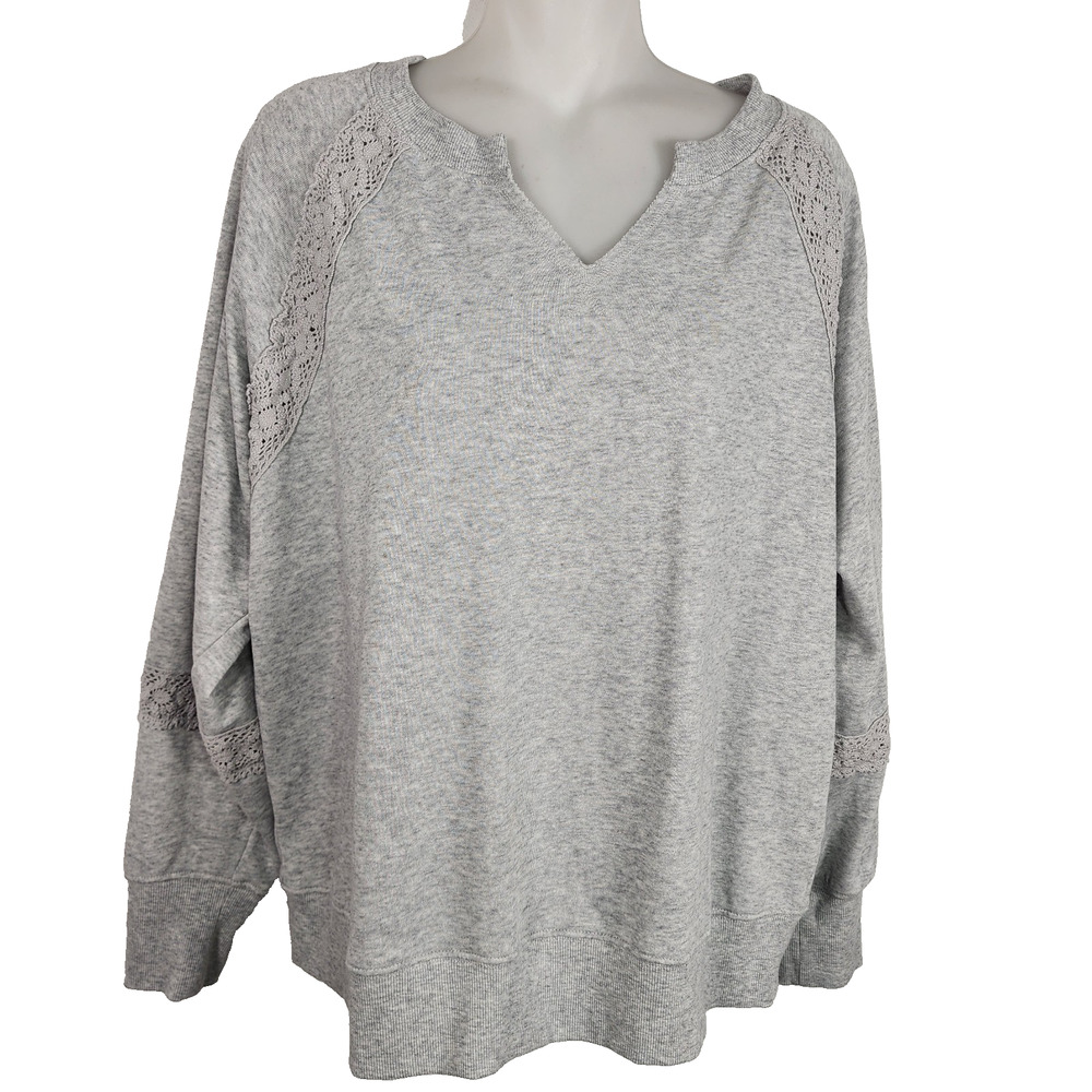 Maurices Womens Heathered Crochet Mix Relaxed Fit Sweatshirt Size Large Gray